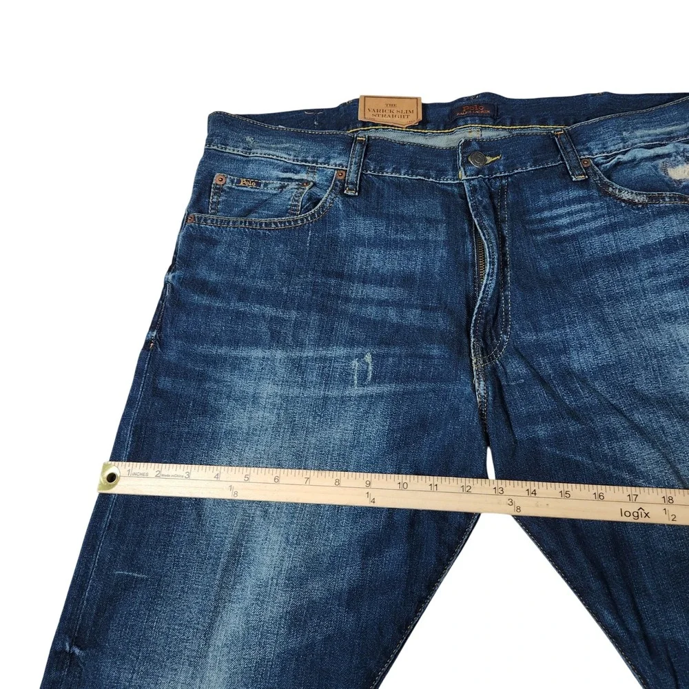 Polo Ralph Lauren Varick Slim Straight Jeans Dark Wash Distressed Mens 34x30 New